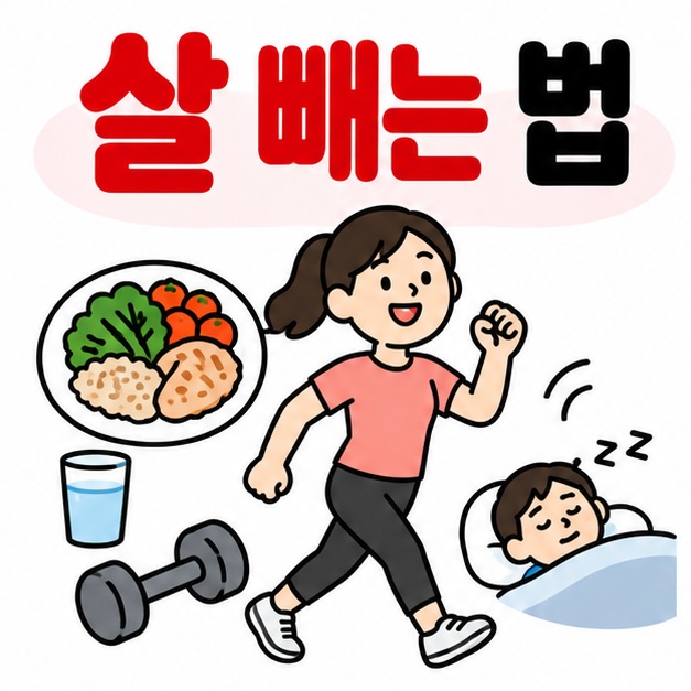균형 잡힌 식사 걷기 근력운동 수면 아이콘 옆에 살 빼는 법 문구를 크게 보여주는 대표 카드
