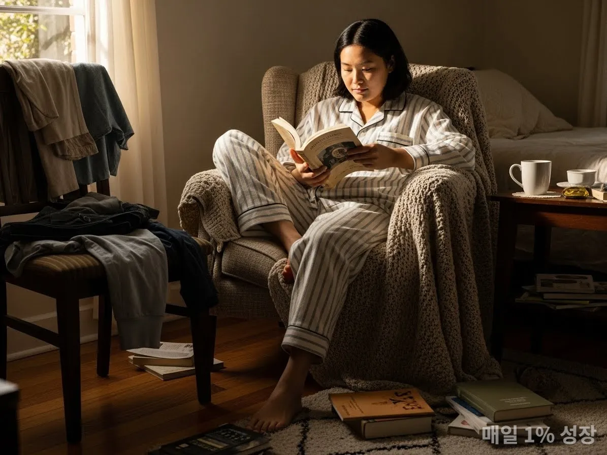 편안한 잠옷을 입고 독서하며 휴식을 취하는 한국인의 자연스러운 모습