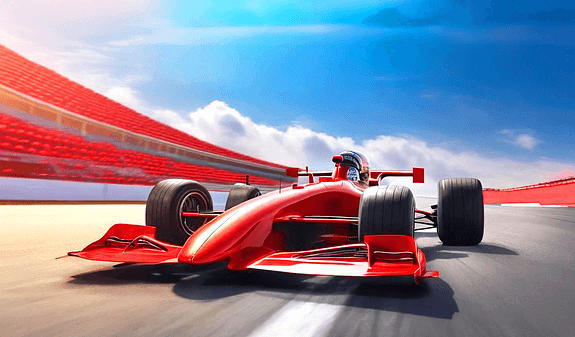 경기장 도로에 빨간 스포츠카를 탄 F1 선수가 있다.