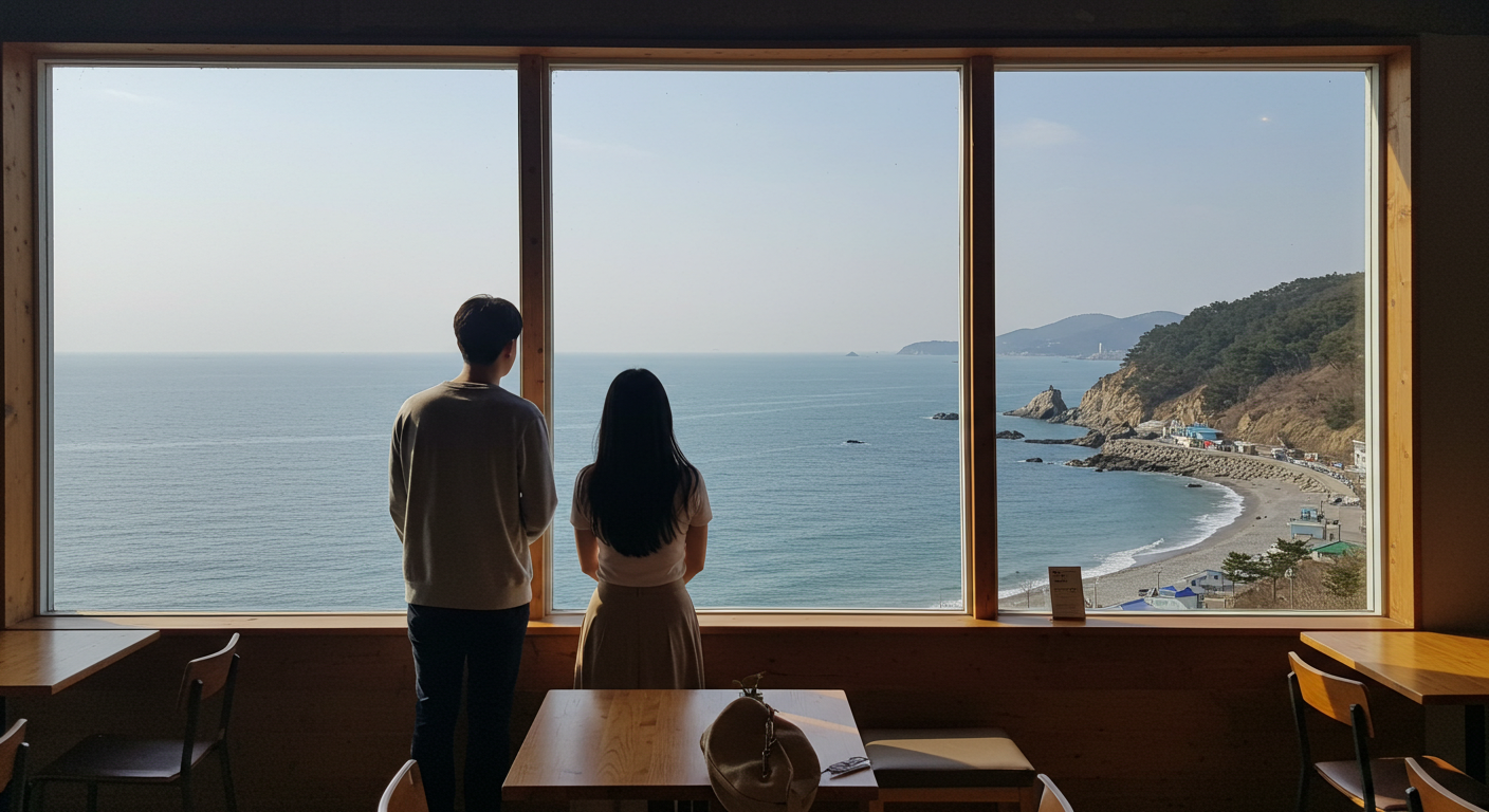 동해시 언덕 위 오션뷰 카페에서 한국인 연인이 바다를 바라보는 모습