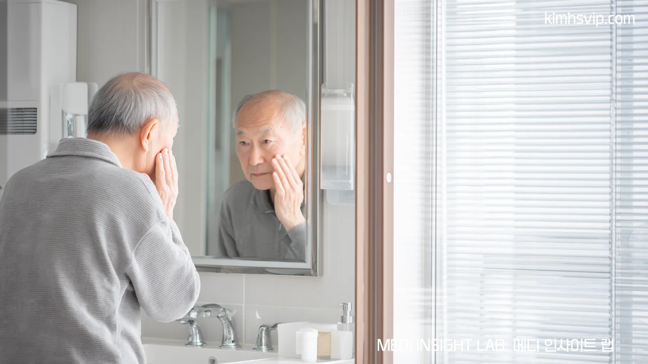 중년 남성이 거울을 보며 무표정한 얼굴을 확인하는 모습