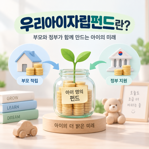 부모의 적립금과 정부 지원금이 아이 명의 펀드에 함께 적립되는 우리아이자립펀드 구조를 설명하는 이미지