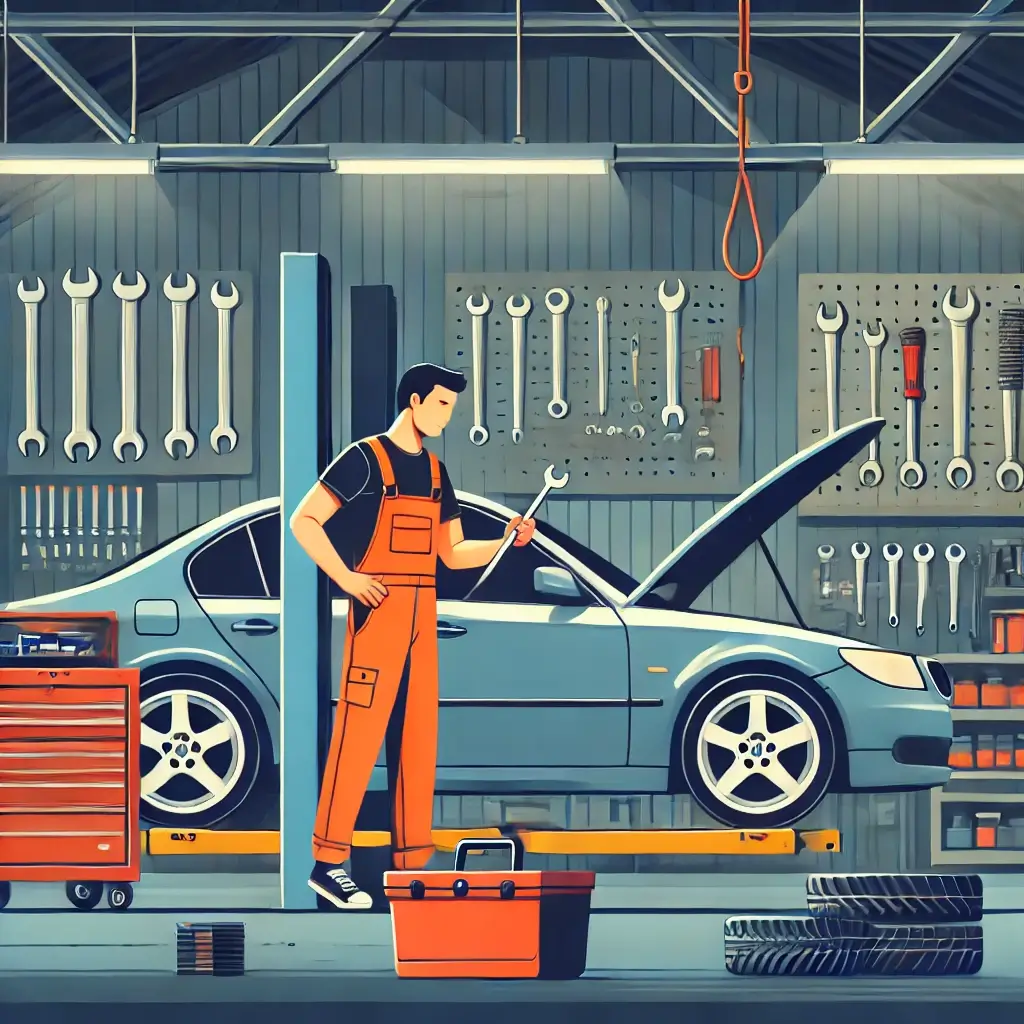 차 정기 점검을 하는 정비사의 숙련된 작업.