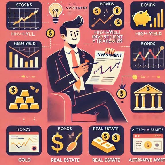 부유한 투자자가 투자 차트를 분석하고 주식, 부동산, 금과 같은 자산을 보유한 모습이 포함되어 있으며, 고수익 주식, 채권, 부동산, 대체 자산 등의 투자 방법을 시각적으로 표현한 현대적인 디자인