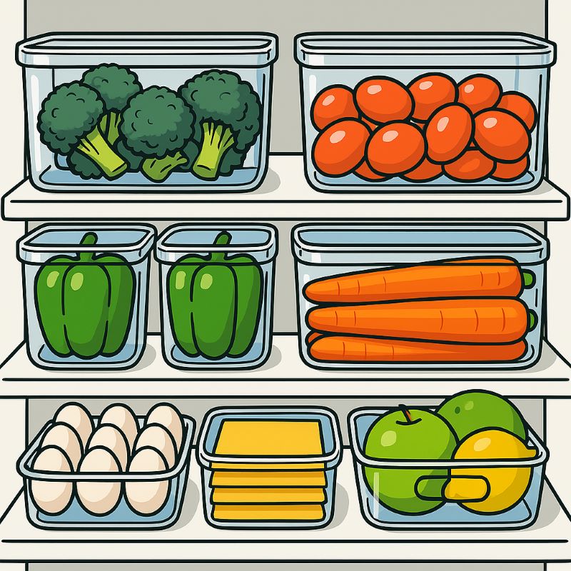 "투명 수납용기를 사용한 깔끔한 냉장고 정리 예시"