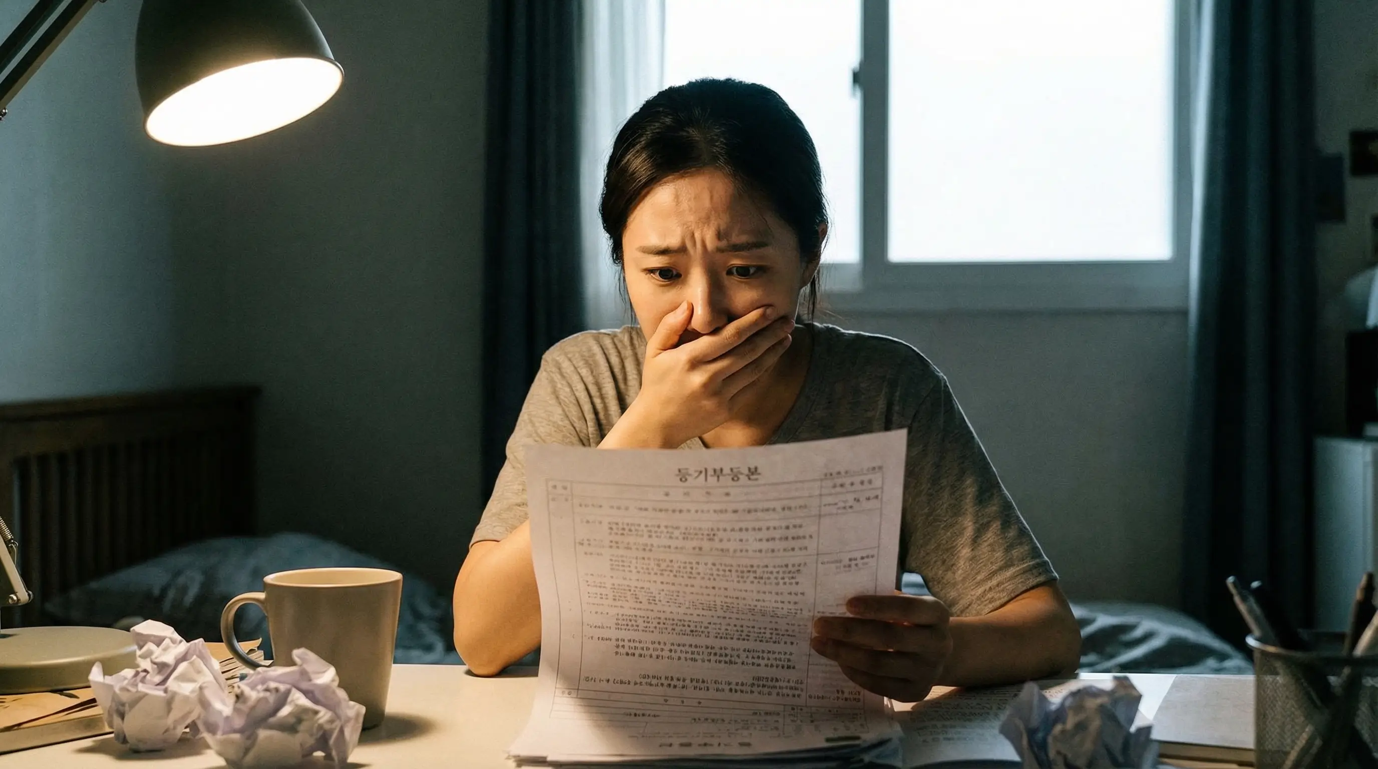 등기부등본을 보며 불안해하는 세입자 모습