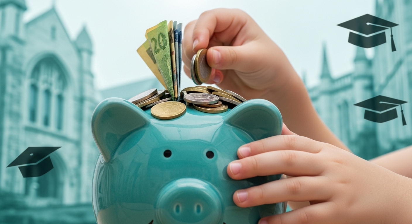 돼지 저금통에 동전을 넣는 아이의 손, 학자금 저축의 상징