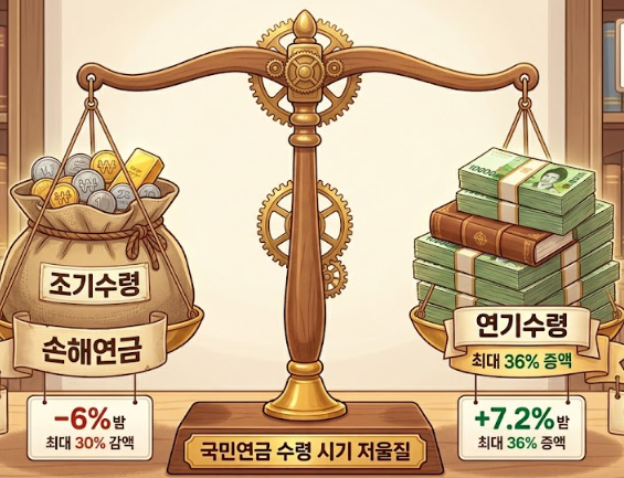 국민연금 조기수령 vs 연기수령 저울질하는 일러스트