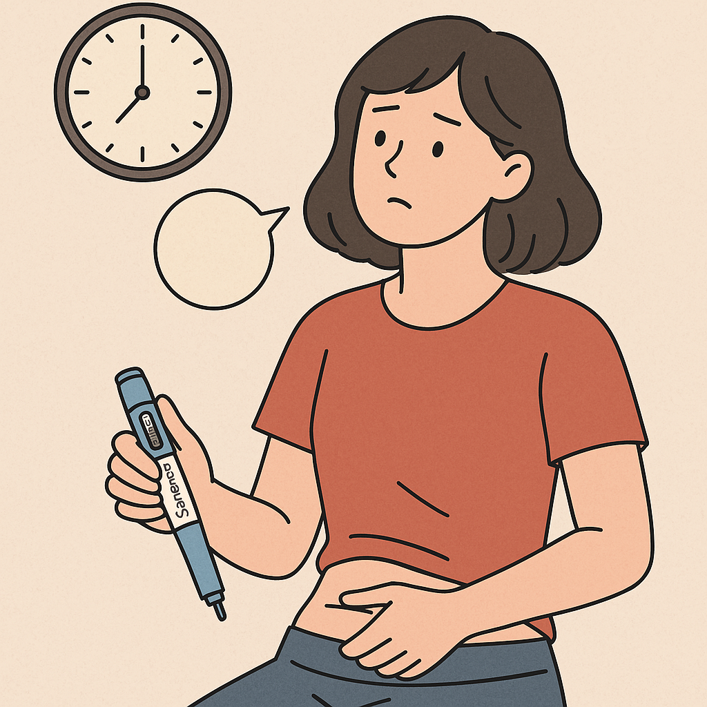 시계를 바라보며 삭센다 주사 투여 시간을 고민하는 여성의 모습 일러스트