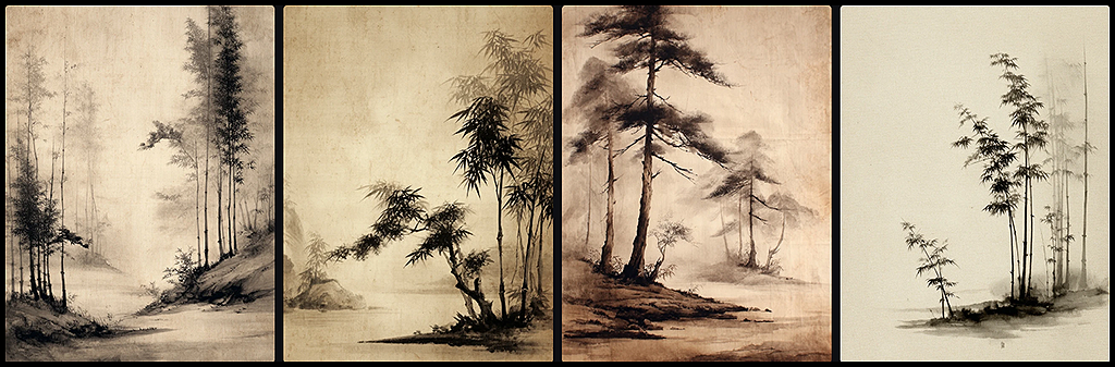 한국 수묵화 프롬프트 템플릿을 활용해 '대나무와 소나무' 키워드로 생성한 수묵화 이미지 _Midjourney