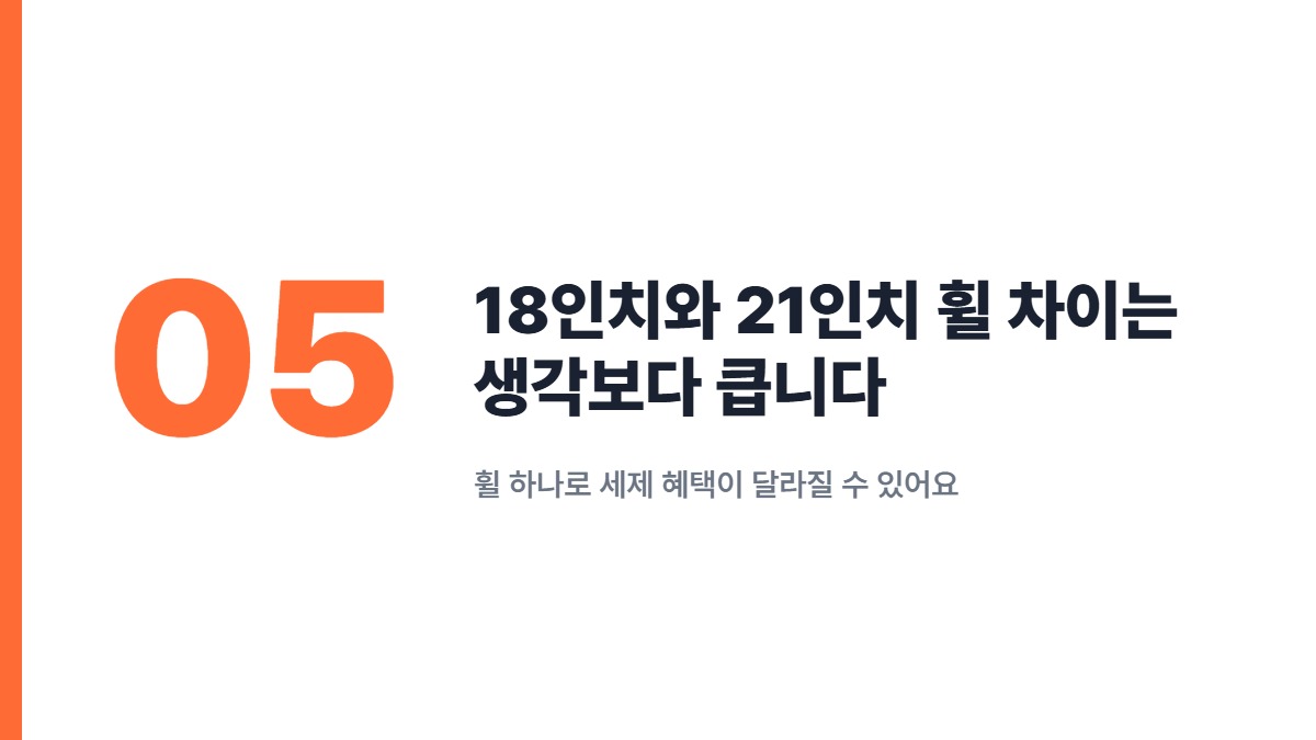 18인치와 21인치 휠 차이는 생각보다 큽니다 — 휠 하나로 세제 혜택이 달라질 수 있어요