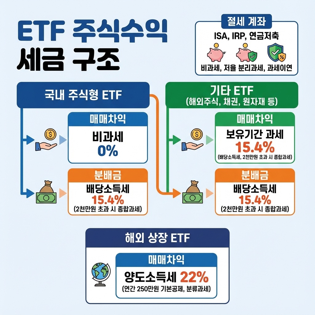 국내 상장 ETF와 해외 상장 ETF의 과세 차이를 보여주는 이미지