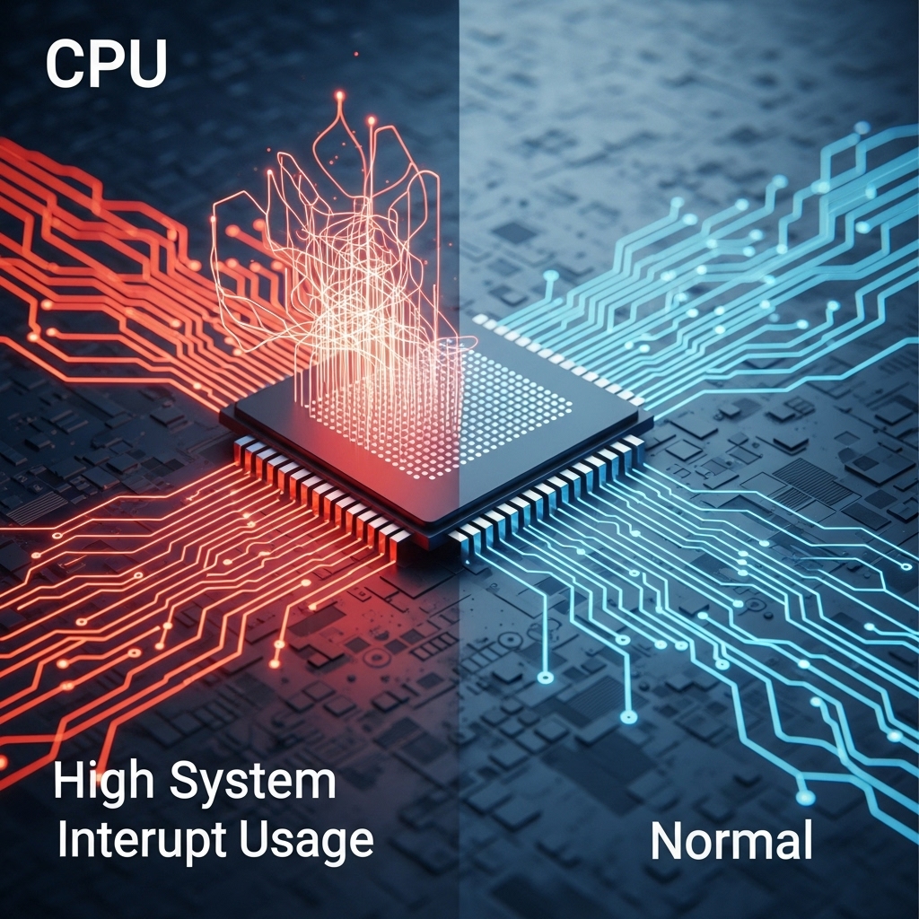 시스템 인터럽트 과부하로 CPU 사용량이 급증하는 혼란스러운 모습과 정상 작동하는 차분한 모습을 대비하여 보여주는 기술적인 일러스트.
