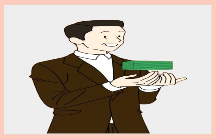 양복 차림의 남성이 현금을 전달하며 소비쿠폰 지급을 상징적으로 표현한 모습