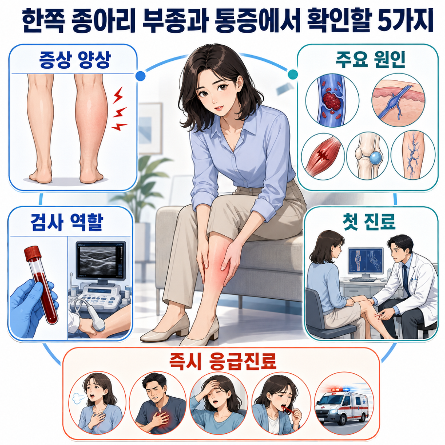 한쪽 종아리 부종과 통증의 증상 양상, 주요 원인, 첫 진료, 검사 역할과 즉시 응급진료를 5가지로 정리한 이미지