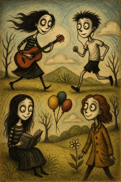 팀 버튼 스타일 일러스트, 자연 속에서 오프라인 활동을 즐기는 캐릭터들 콜라주: 조깅하는 소년, 기타를 연주하는 소녀, 책을 읽는 여성, 꽃과 함께 산책하는 인물. 몽환적 배경과 과장된 표정이 어우러진 고딕 감성의 풍경