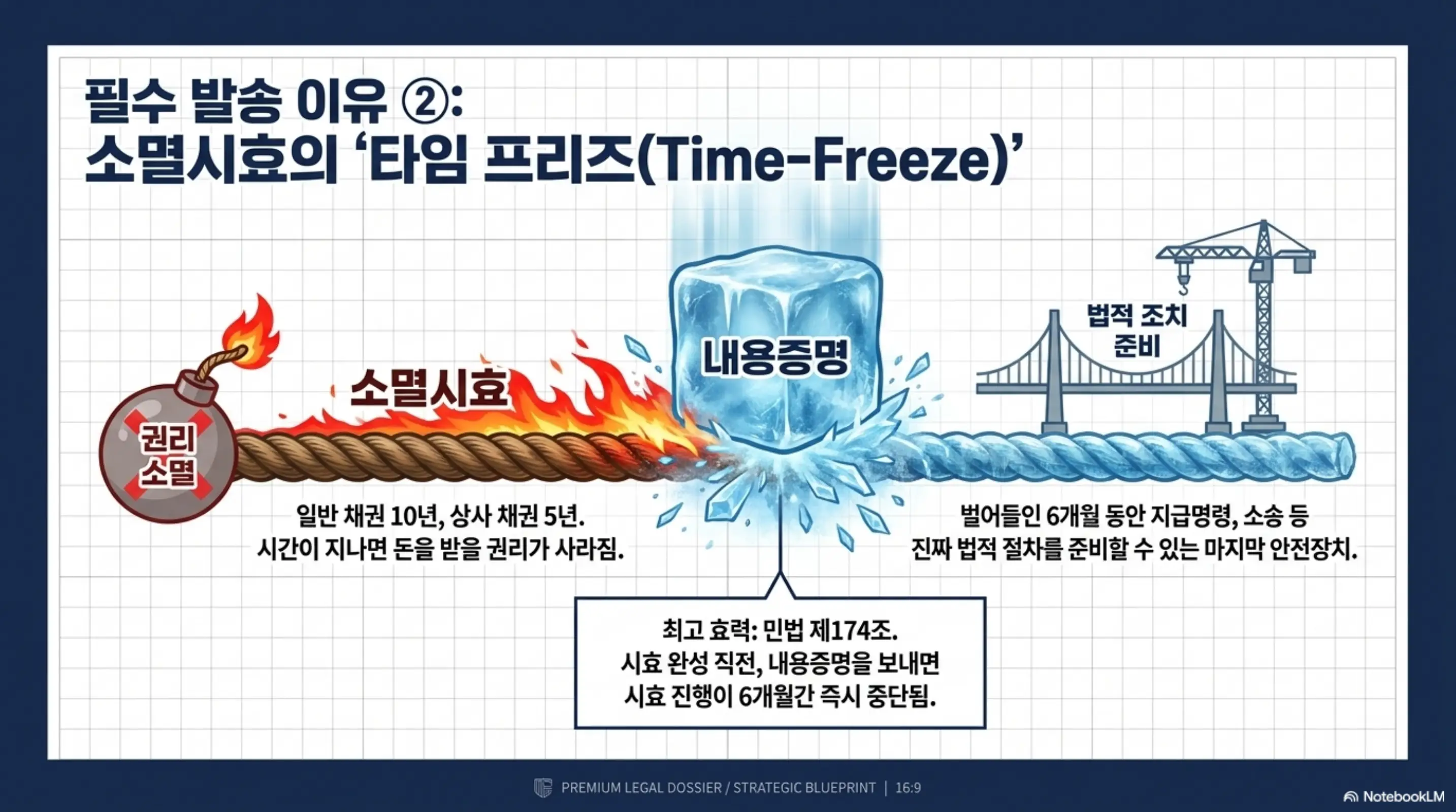 내용증명 작성법: 내용증명 소멸시효 6개월 중단 효과를 설명하는 웹배너 이미지. 이 이미지는 민법 제174조에 따른 최고 효력으로 소멸시효 진행을 중단시키고 법적 조치를 준비하는 과정을 시각적으로 전달하며&amp;#44; 블로그의 내용증명 소멸시효와 관련된 내용을 설명함