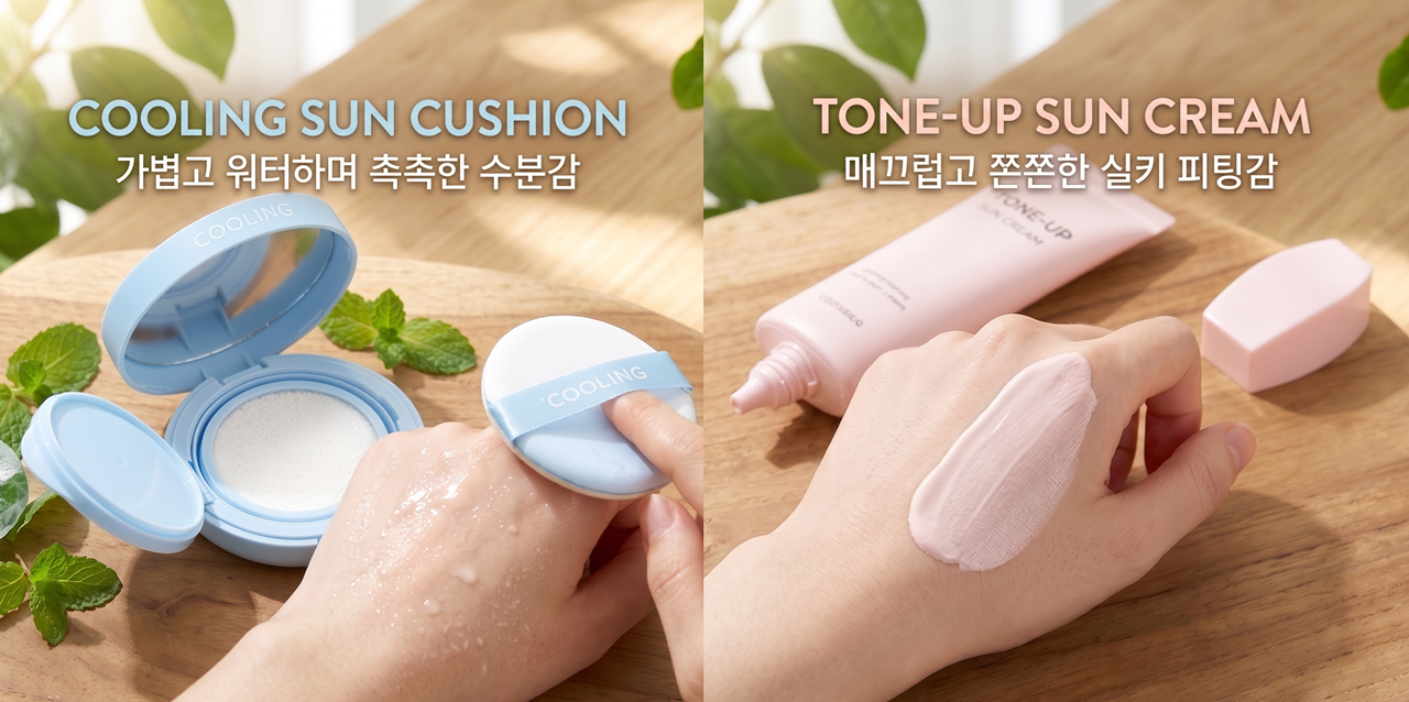 선 쿠션의 촉촉한 쿨링 제형과 톤업 선크림의 핑크빛 발색 비교(Texture swatch of sun cushion and tone-up sunscreen)
