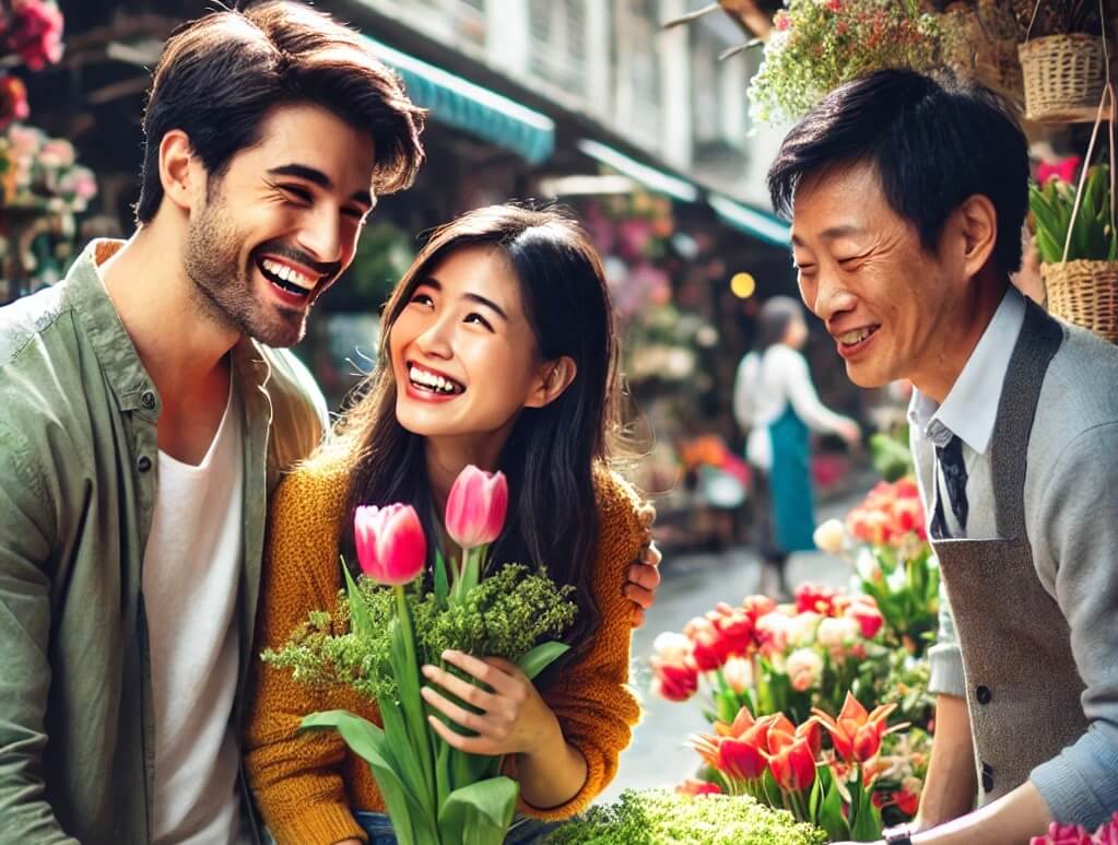 꽃시장에서 봄식물을 사는 부부의 모습