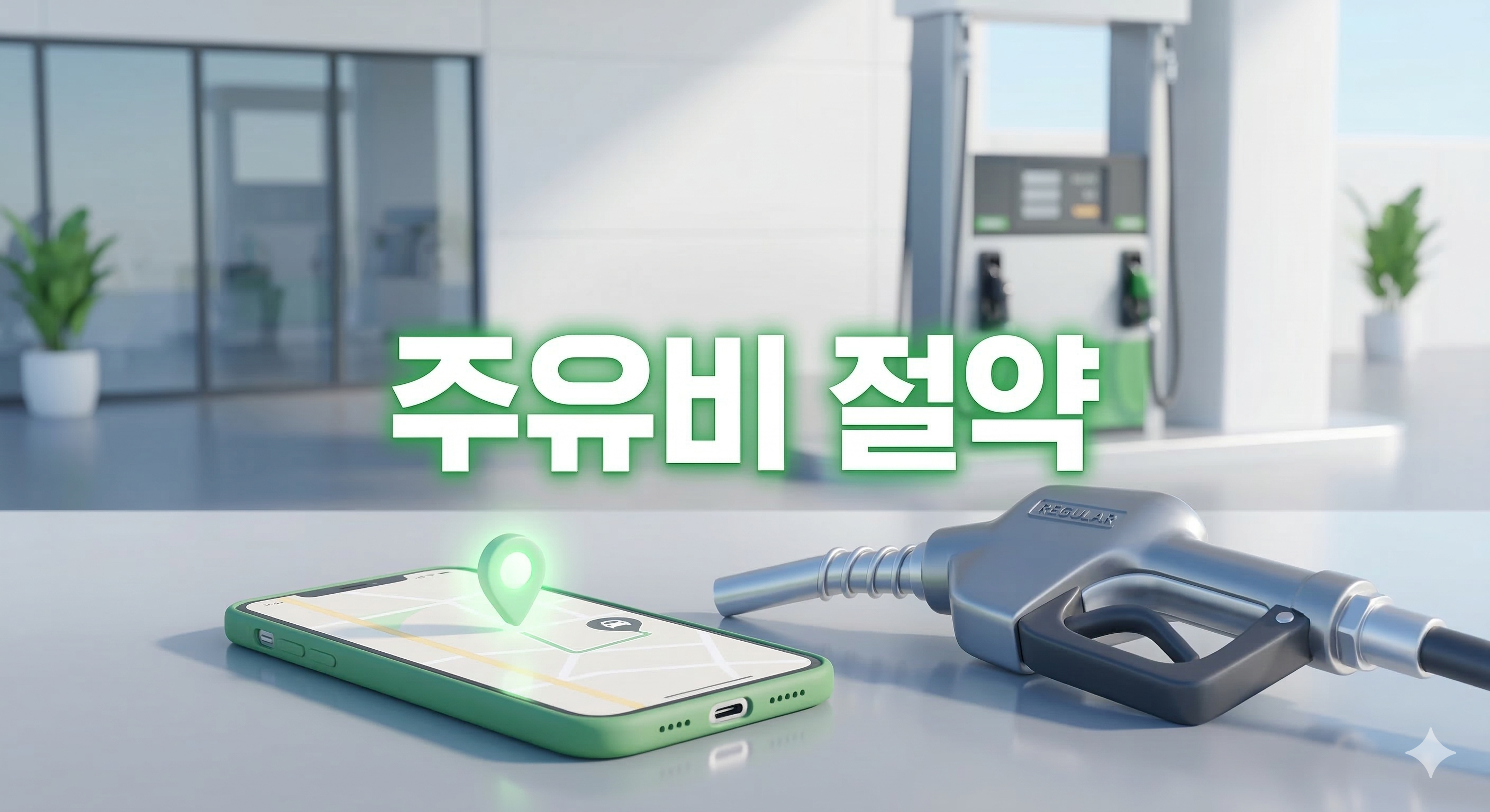 지도 앱이 켜진 스마트폰과 주유기 노즐 배경에 '주유비 절약'이라는 한글 문구가 중앙에 적힌 3D 일러스트