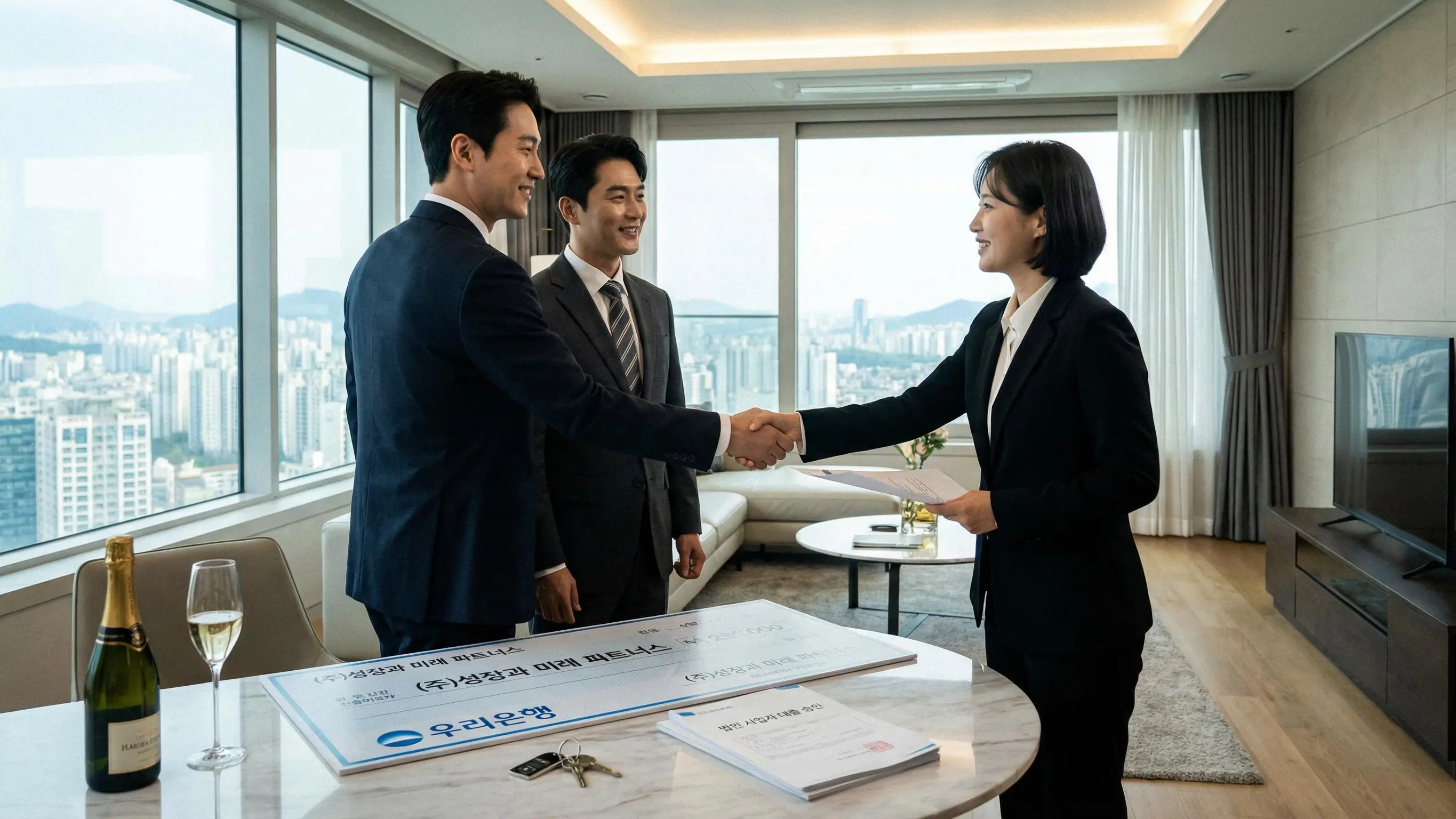 법인 사업자 대출을 통해 넉넉한 자금을 확보하고 아파트 매수 계약을 체결하는 성공적인 비즈니스 이미지