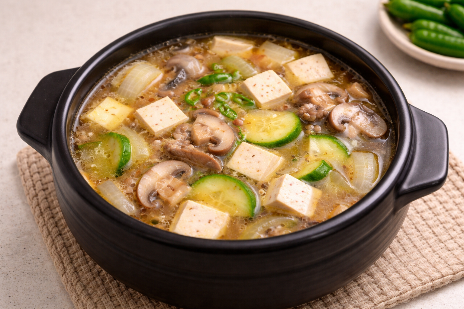 짜지 않게 잘 끓여진 된장찌개의 완성된 모습