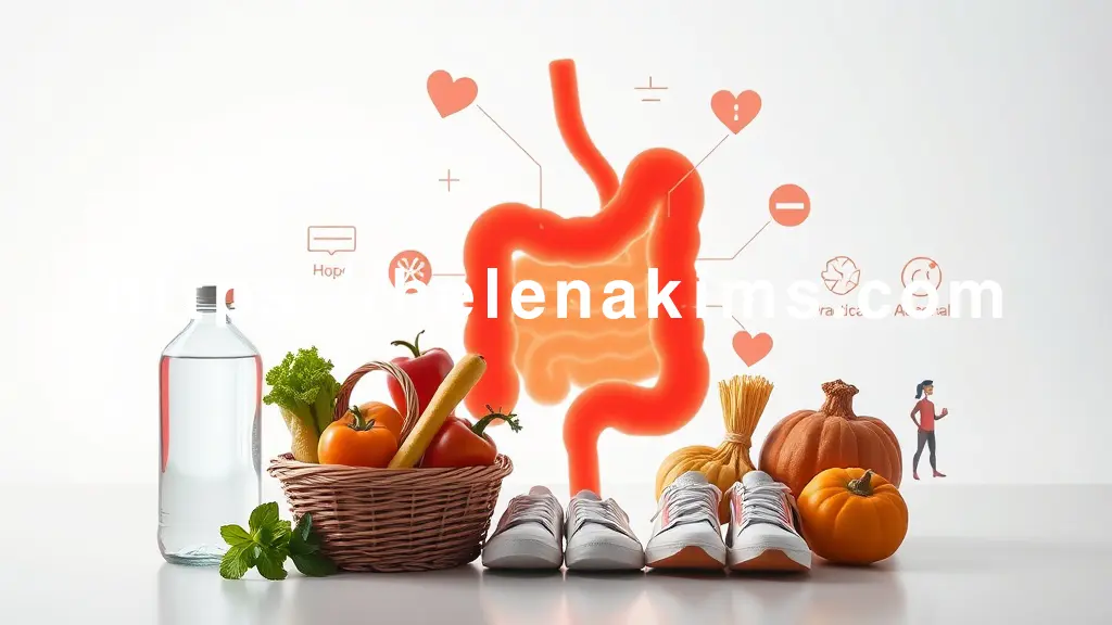 밝고 깨끗한 배경 위, 인체 대장의 추상적인 그래픽, 그 주위로는 대장암 예방을 상징하는 다양한 아이콘들이 배치된 이미지.