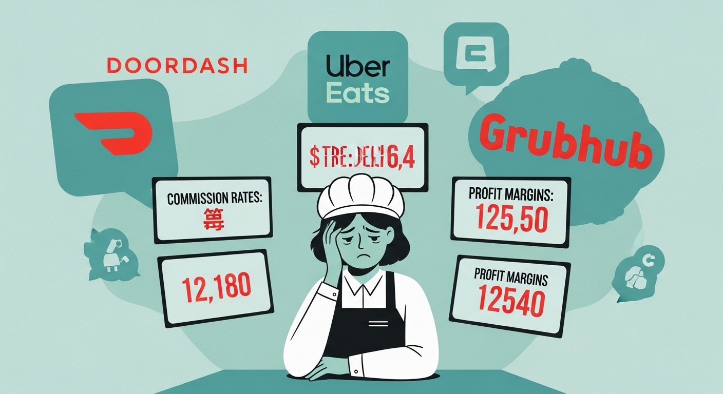 배달 앱 수수료 증가로 고민하는 소상공인 식당 사장님의 모습, 뒤로는 복잡한 배달 앱 아이콘들이 보인다.