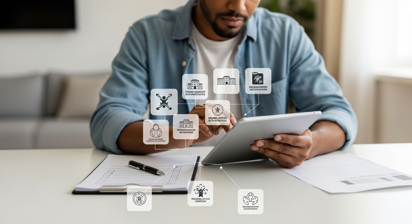 발달재활서비스 기관 선택 시 부모가 꼼꼼히 정보를 비교하고 검토하는 모습. 여러 기관의 정보를 태블릿으로 확인하는 부모.