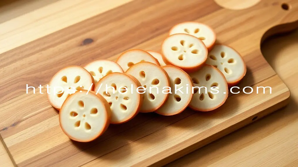 나무 도마 위에 신선하게 썰린 연근 조각들이 정갈하게 놓여있는 모습.