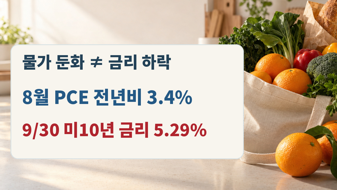 8월 전체 PCE 전년비 3.4%와 9월30일 미국 10년물 일별 파 수익률 5.29% 비교