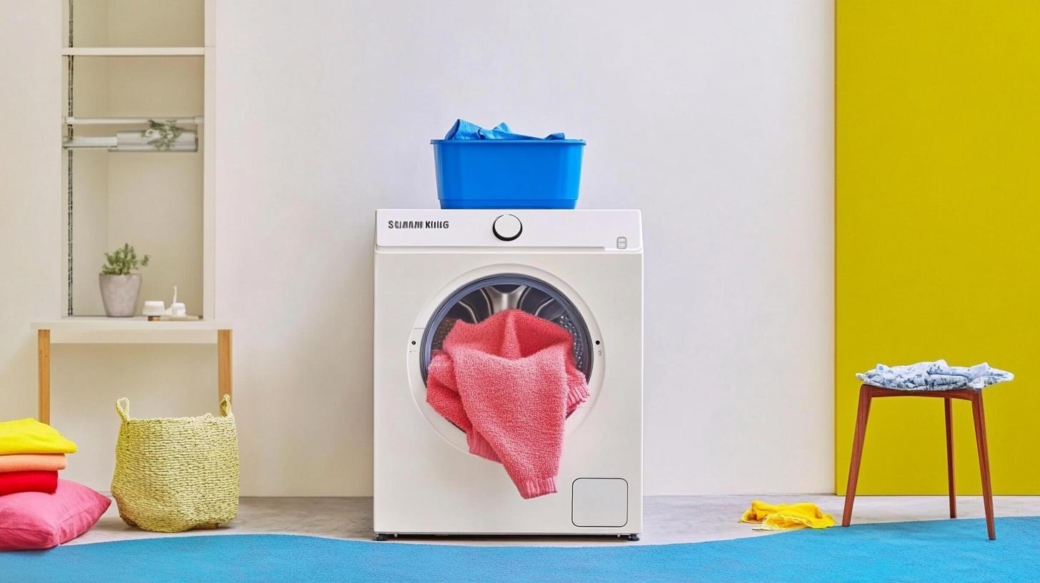 삼성 WF2420HCVVC 세탁기가 세균 살균 세탁 코스를 실행하는 장면, 살균된 옷이 나오는 모습으로 99.9% 세균 제거를 상징