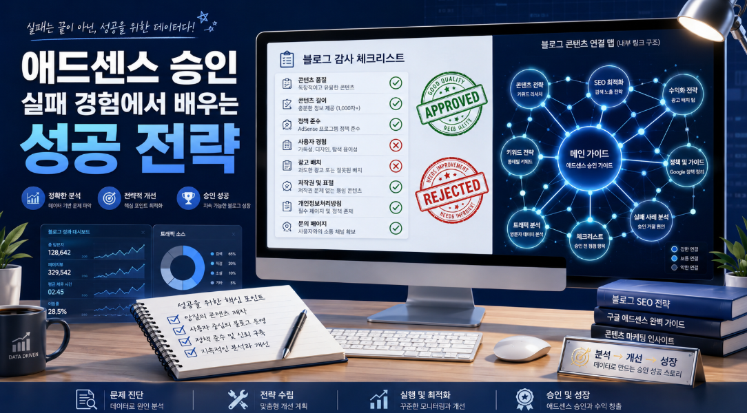 애드센스 승인 반려 사유 분석 및 구조적 성공 전략 인포그래픽