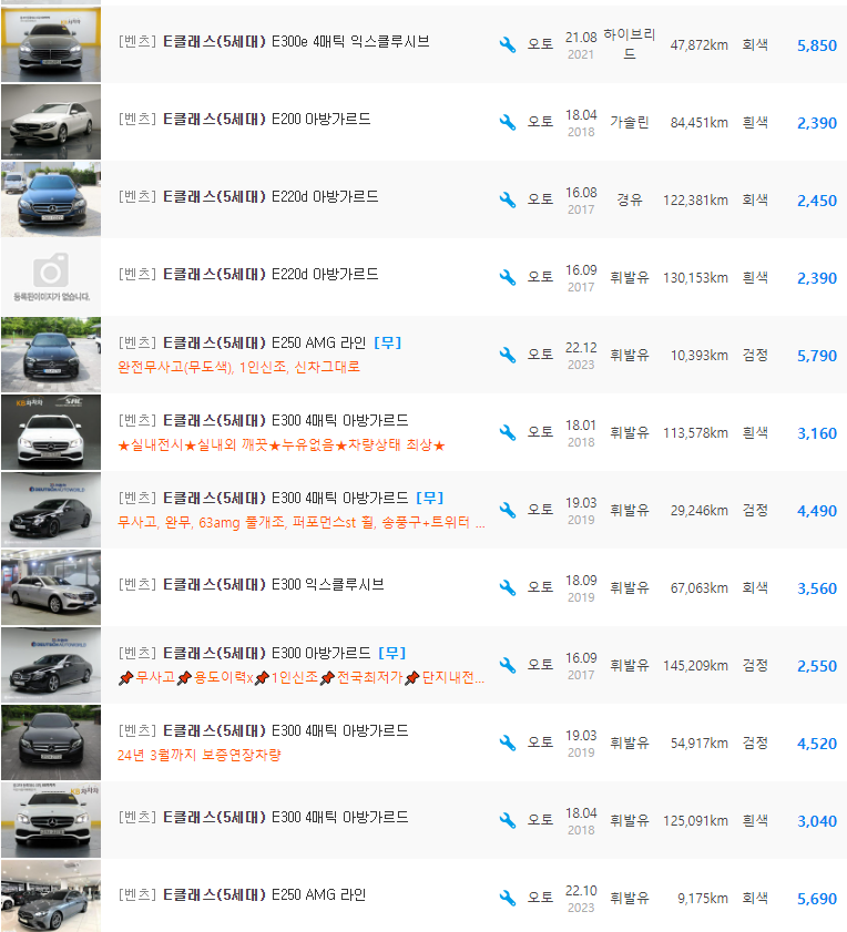 벤츠 E클래스 W213 등급 중고차 가격 : 1,280만원 ~ 10,300만원