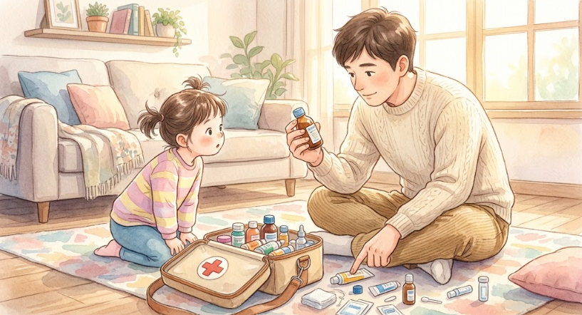 유효기간 지난 약을 골라내며 집 구급함을 정리하는 아빠와 옆에서 지켜보는 아이의 모습을 담은 일러스트