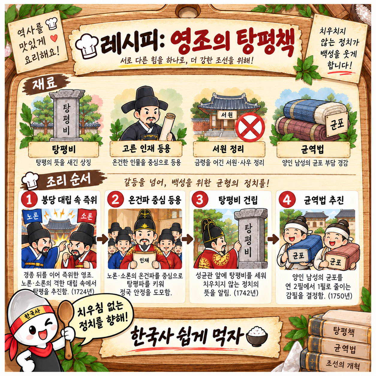 영조의 탕평책을 레시피 형식으로 요약한 인포그래픽 이미지