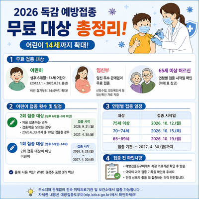 2026 독감 예방접종 무료 대상 총정리 어린이 14세까지 확대