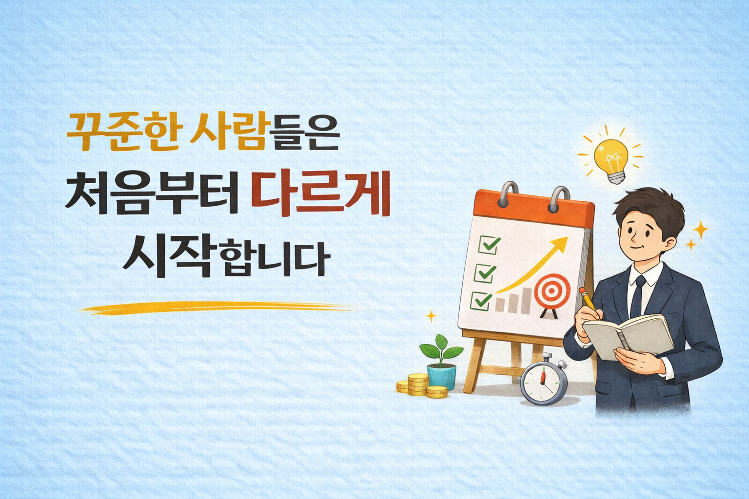 하늘색 배경 위에 ‘꾸준한 사람들은 처음부터 다르게 시작합니다’라는 문구와 계획표, 성장 그래프, 노트를 들고 있는 인물 일러스트가 함께 있는 대표 이미지