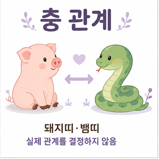 돼지띠와 뱀띠의 충 관계를 소개하면서 실제 인간관계를 결정하는 기준은 아님을 설명한 이미지