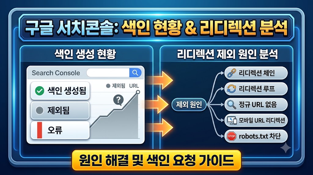 구글 서치콘솔 페이지 색인 생성 보고서에서 리디렉션이 포함된 페이지 항목을 분석하는 화면