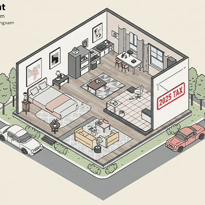 서울 강남구 아파트 실내 모습과 ‘2025 TAX’ 표기된 포스터가 걸려 있는 디지털 일러스트