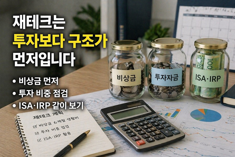 비상금을 먼저 만들고 투자 비중을 점검하며 ISA와 IRP를 함께 살피는 월급 관리 재테크 방법을 보여주는 실전 점검표 이미지입니다.