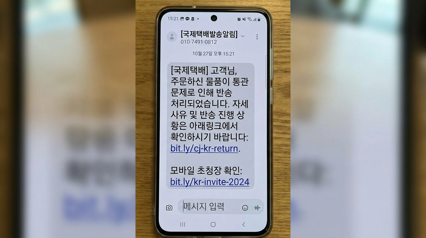 택배 주소지 오류 사칭 스미싱 문자 소액결제 유도 화면