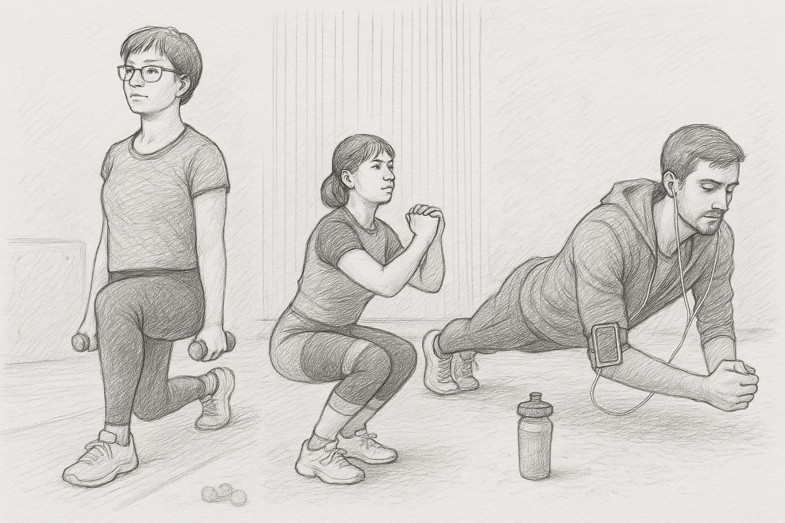 스쿼트, 런지, 플랭크