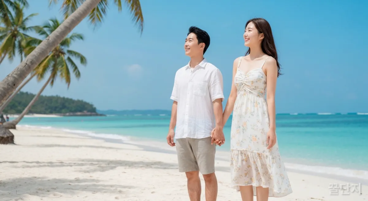 2026년 신혼여행을 떠난 한국인 예비부부가 해변에서 행복한 시간을 보내는 모습