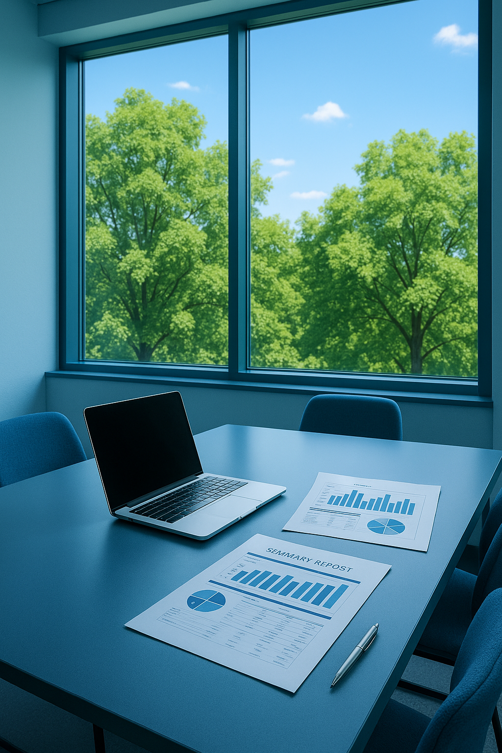 9월 하반기 전략 회의 장면, 프로페셔널한 느낌, 노트북과 보고서, 화이트보드에 간단한 전략 다이어그램