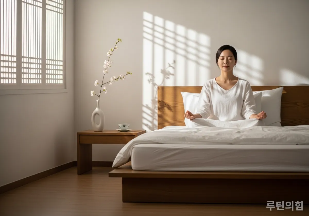 침대에 앉아 평온하게 아침 명상을 하는 한국 여성