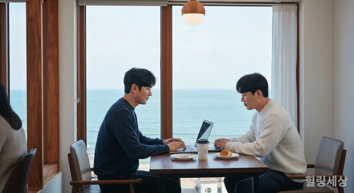 동해 바다가 보이는 카페에서 노트북으로 일하는 30대 한국인 남성