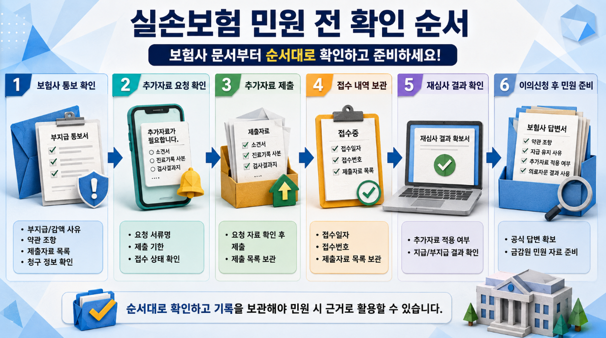 보험사 통보 확인, 추가자료 요청, 제출, 접수 내역 보관, 재심사 결과 확인, 이의신청 후 민원 준비 순서를 6단계로 보여주는 페이퍼 크래프트 인포그래픽