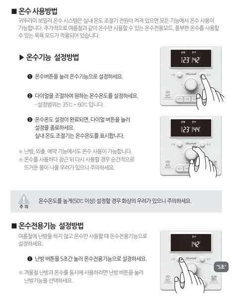 귀뚜라미보일러 사용설명서 - 트윈알파eco E10 가스보일러(NCTR-60W WIFI) 온수 사용방법, 설정방법